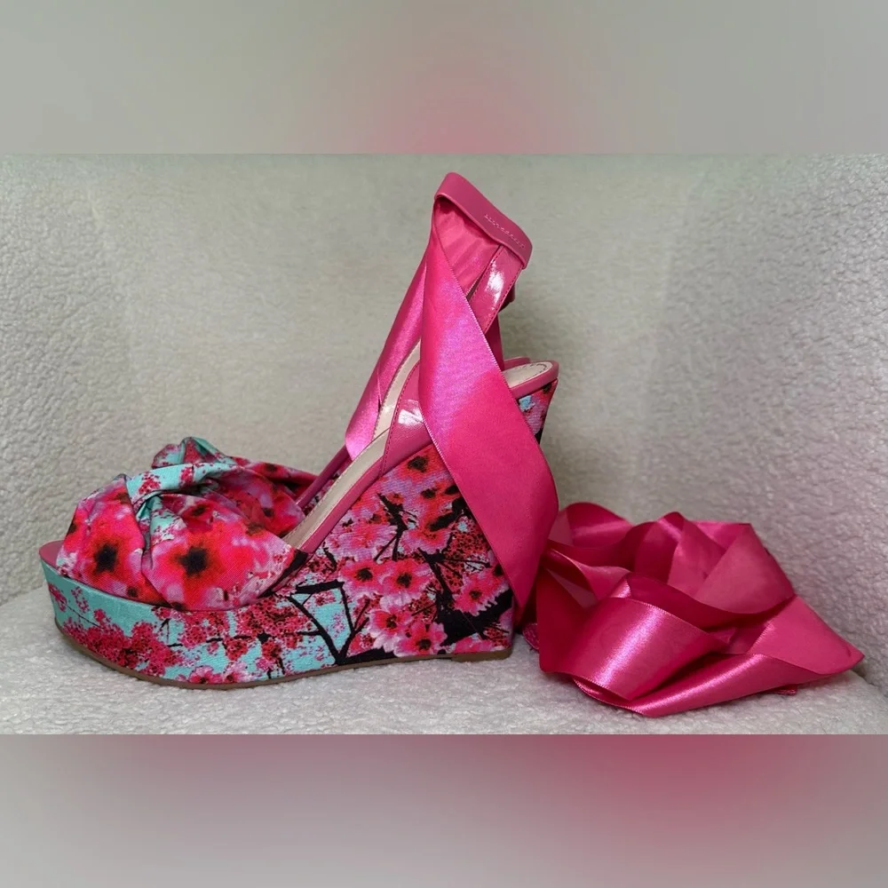 Kirna Zabete wedge platform pink floral flowers ballerina satin leg wrap tie bow
